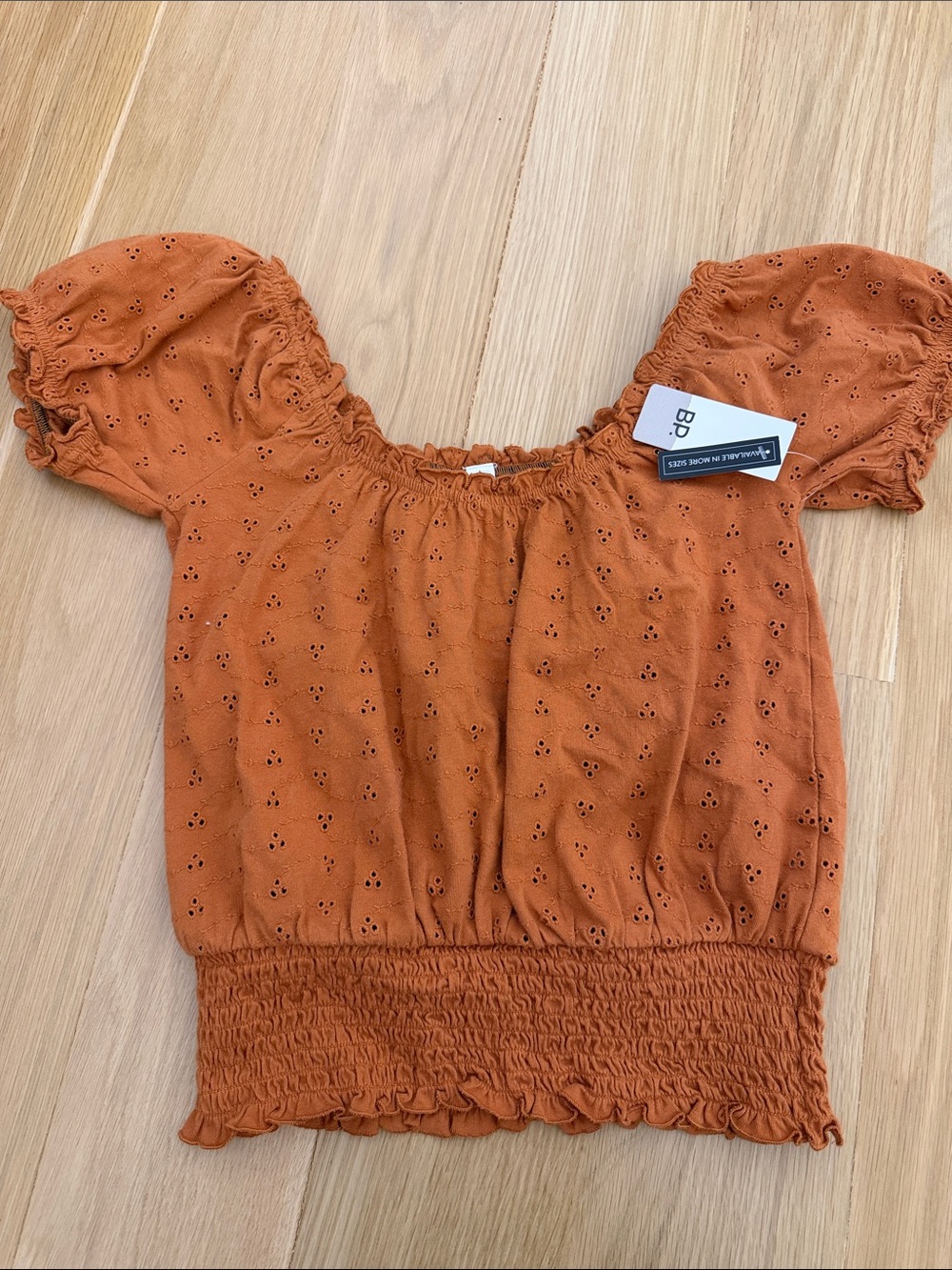 bp Rust Eyelet Puff Sleeve smocked Top